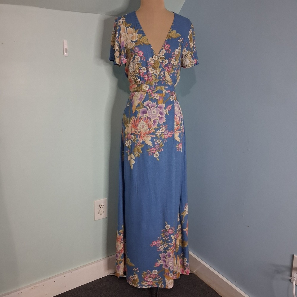 Spell Blue Skies Wrap Maxi Dress Womens Sz M Floral Blue Flutter Sleeve  *Read*
